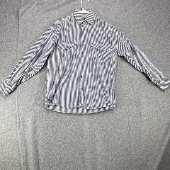 Roots Button Up Shirt Mens Small Blue White Striped Long Sleeve Chambray Pockets - Picture 1 of 12